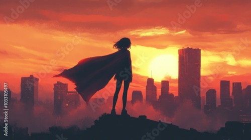 A lone female figure stands on a rooftop overlooking a city skyline as the sun sets, her cape billowing in the wind.