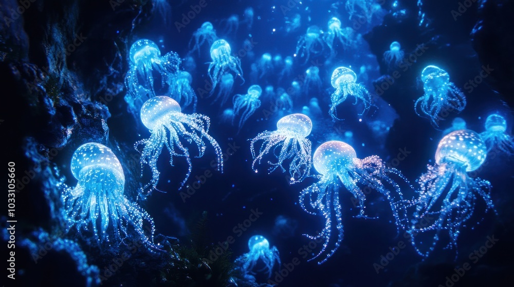 A school of alien-like deep-sea creatures, illuminated in a surreal blue glow A school of alien-like deep-sea creatures, illuminated in a surreal blue glow