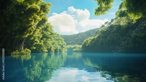 A tropical blue lagoon surrounded by lush greenery, tranquil water reflecting the sky