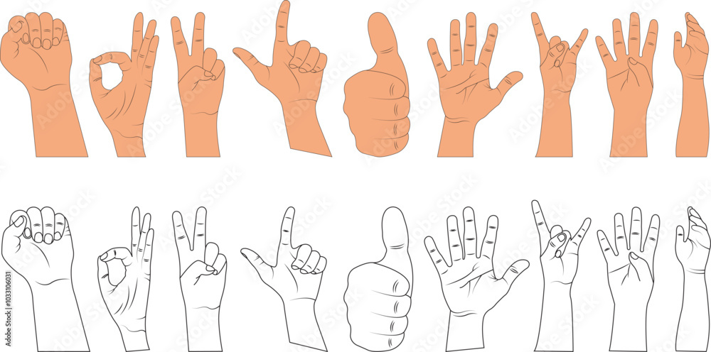 Hand gestures vector outline illustration line icon set. Rotation view set of human hands and finger showing different signs isolated on a white background. Hand gestures vector outline illustration line icon set. Rotation view set of human hands and finger showing different signs isolated on a white background.