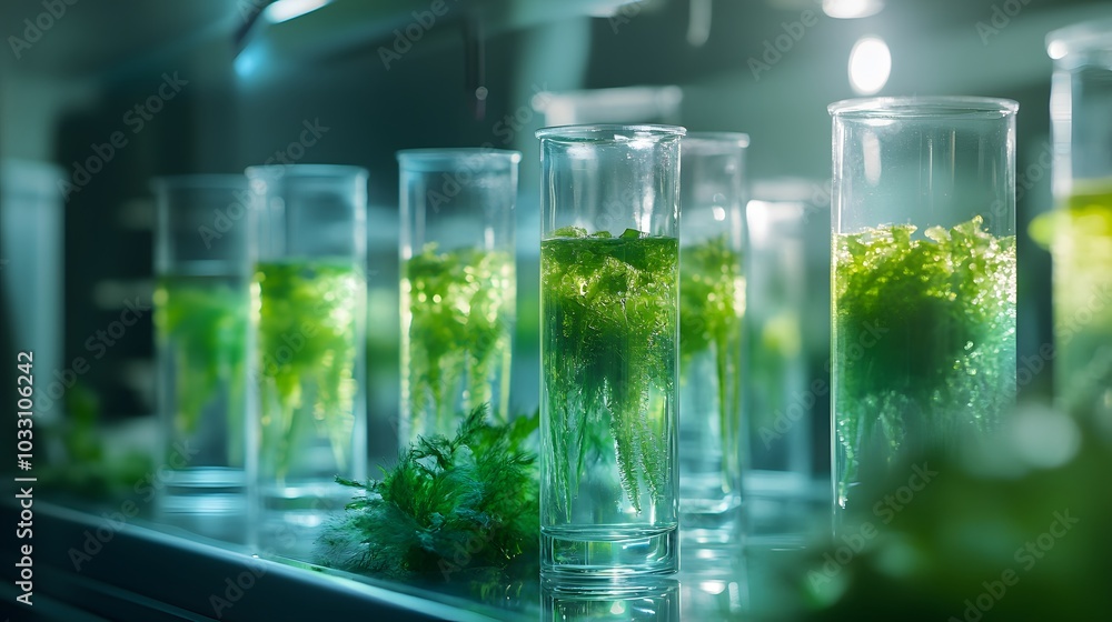 Green Algae Samples in Glass Cylinders Under Artificial Light Green Algae Samples in Glass Cylinders Under Artificial Light