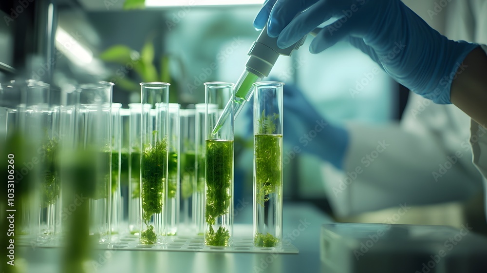 Scientist Using Pipette to Add Liquid to Test Tubes Containing Green Plants Scientist Using Pipette to Add Liquid to Test Tubes Containing Green Plants