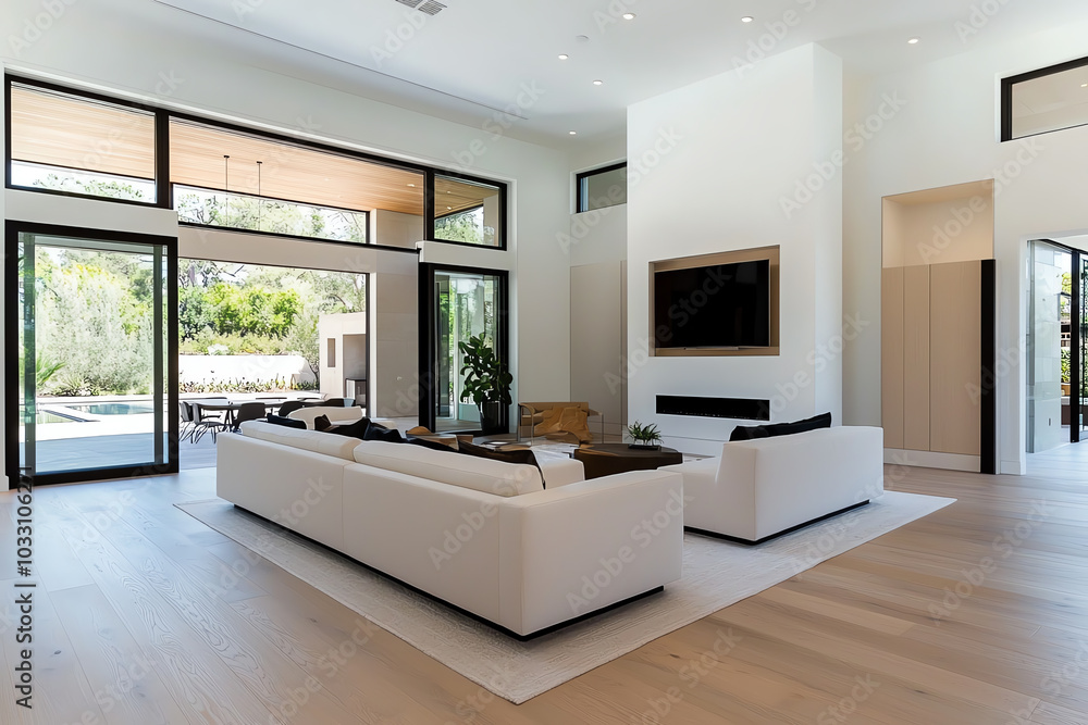 Spacious modern living room featuring a sleek white sofa, large windows, and a bright, airy ambiance, perfect for relaxation. Spacious modern living room featuring a sleek white sofa, large windows, and a bright, airy ambiance, perfect for relaxation.