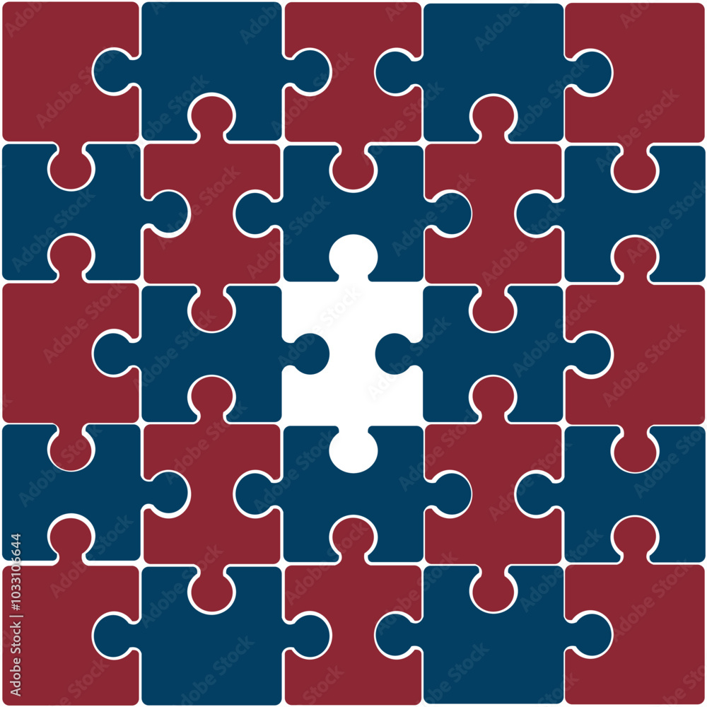Jigsaw puzzle pattern with missing center piece in burgundy and navy flat vector design Jigsaw puzzle pattern with missing center piece in burgundy and navy flat vector design