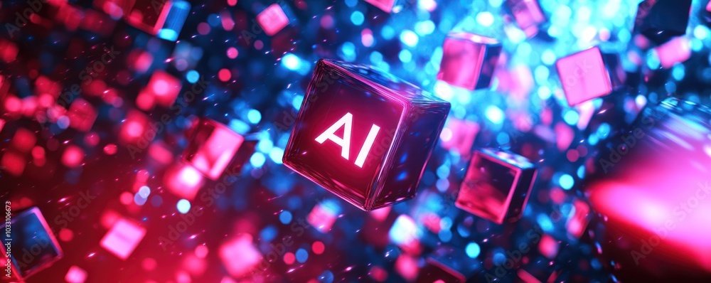 Futuristic AI Technology Cube with Dynamic Red and Blue Lights in Motion Futuristic AI Technology Cube with Dynamic Red and Blue Lights in Motion