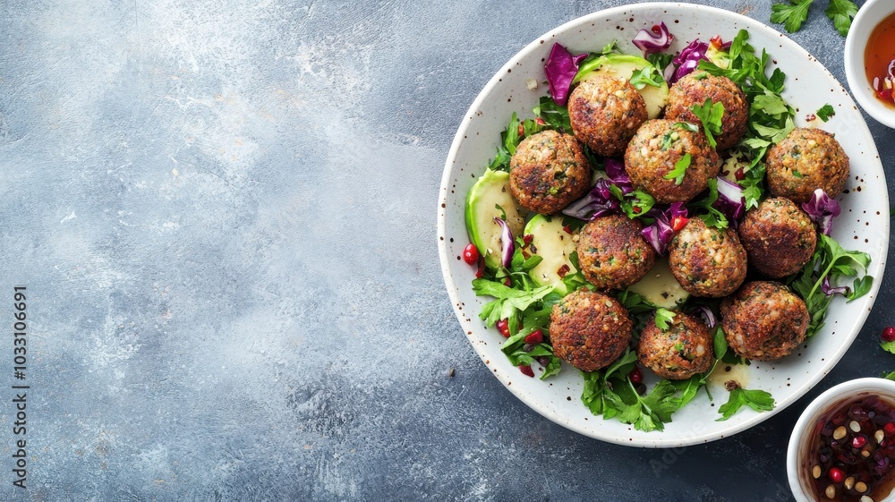 Delicious falafel balls served on a vibrant salad with a variety of fresh greens. Accompanied by rich sauces for dipping, perfect for a healthy meal. Delicious falafel balls served on a vibrant salad with a variety of fresh greens. Accompanied by rich sauces for dipping, perfect for a healthy meal.