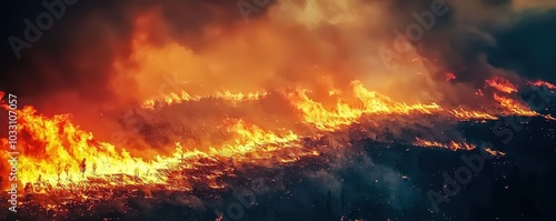 Vivid imagery of a raging wildfire engulfing land, illustrating the intense heat, flames, and smoke indicative of devastating natural disasters.