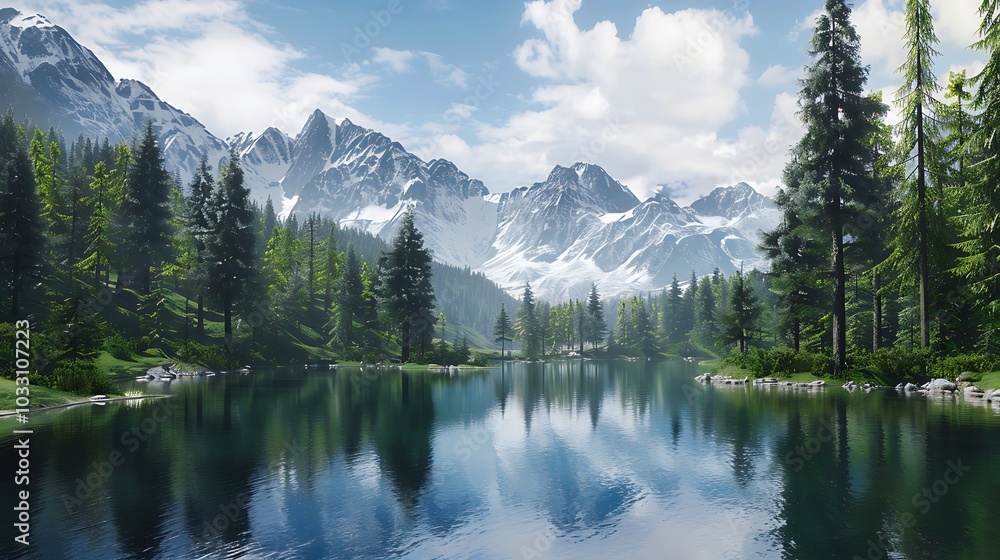 A panoramic view of a mountain lake surrounded by trees A panoramic view of a mountain lake surrounded by trees