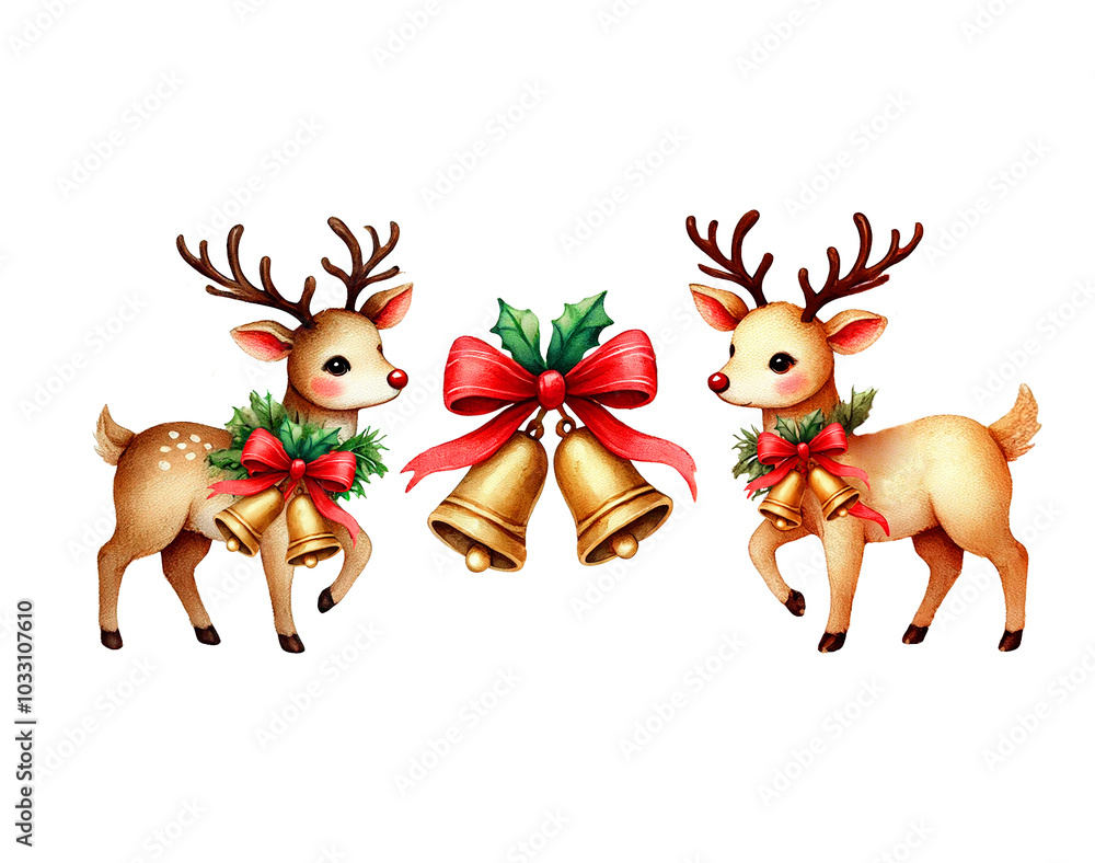 AI-generated image of a graceful reindeer with large antlers, wearing a red collar with a bell, isolated on white background with clipping path. AI-generated image of a graceful reindeer with large antlers, wearing a red collar with a bell, isolated on white background with clipping path.