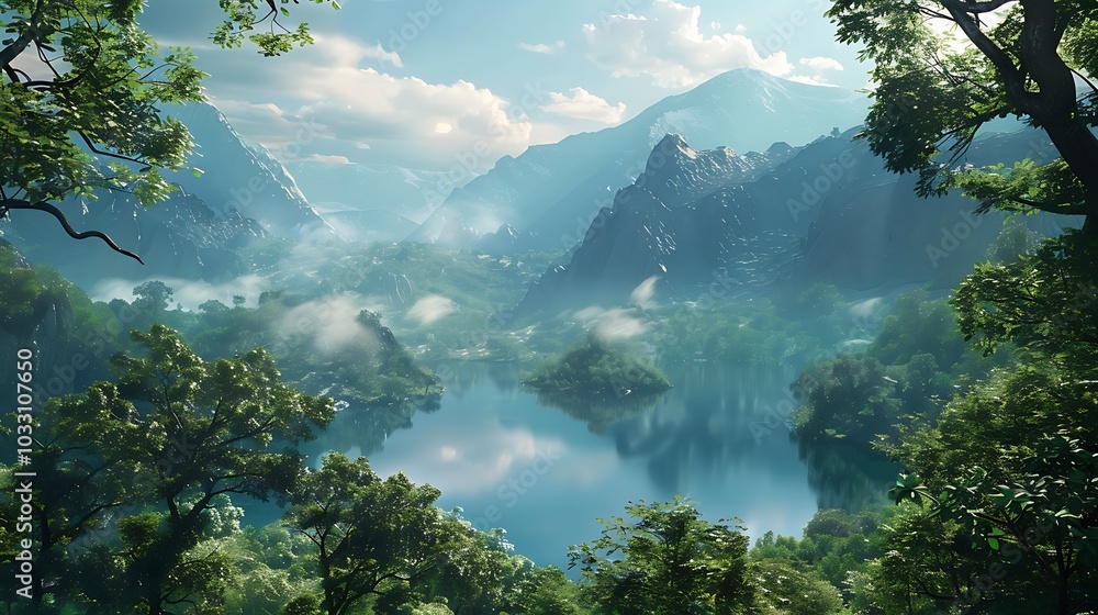 A panoramic view of a mountain lake surrounded by trees A panoramic view of a mountain lake surrounded by trees