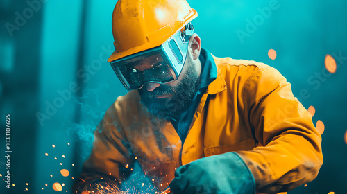 A focused worker in a welding helmet and protective gear, sparks flying as he expertly performs his task in a workshop environment. photo