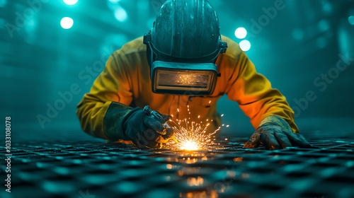 A welder in protective gear works diligently, creating sparks as they perform metal welding against a dark industrial backdrop. photo