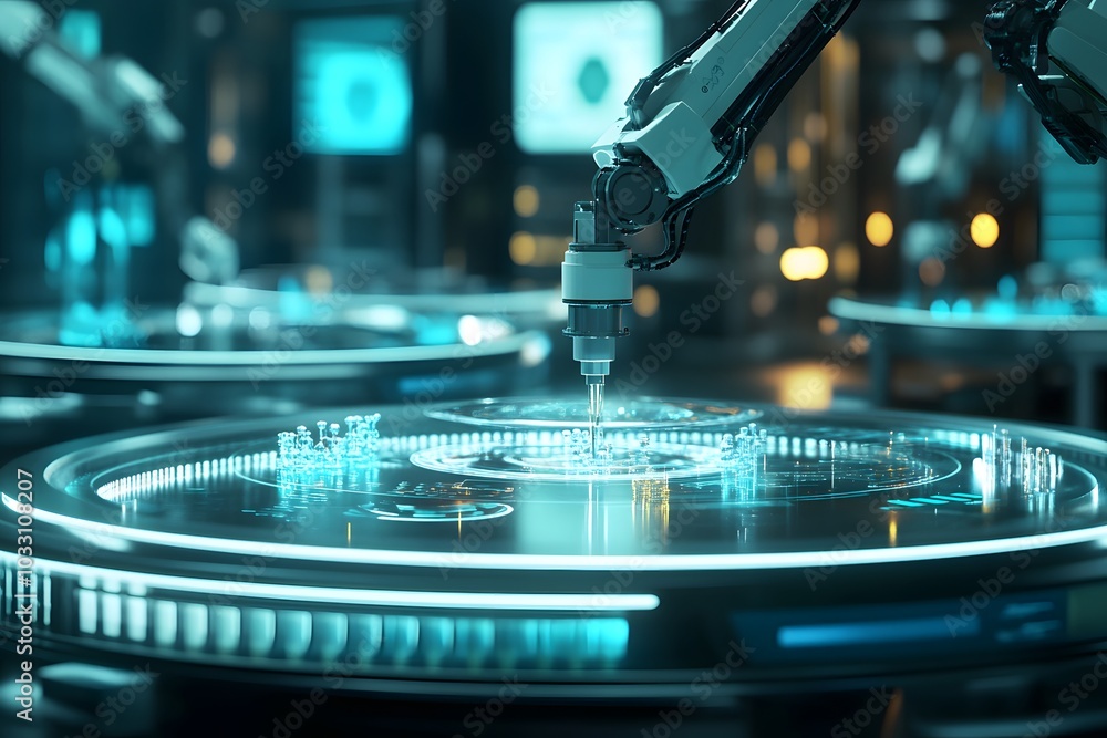 A futuristic scene depicting robotic arms manipulating intricate designs on illuminated surfaces in a high-tech environment. A futuristic scene depicting robotic arms manipulating intricate designs on illuminated surfaces in a high-tech environment.