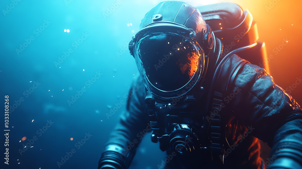 An astronaut exploring the depths of the ocean, surrounded by vibrant colors and particles, showcasing the beauty of underwater exploration. An astronaut exploring the depths of the ocean, surrounded by vibrant colors and particles, showcasing the beauty of underwater exploration.