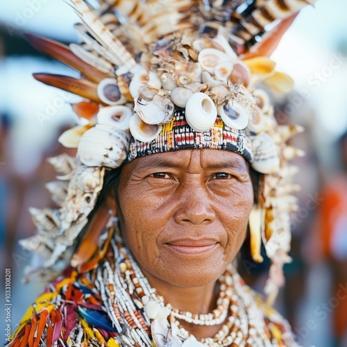 Papuan tribal woman adorned with traditional necklaces and shell ornaments photo