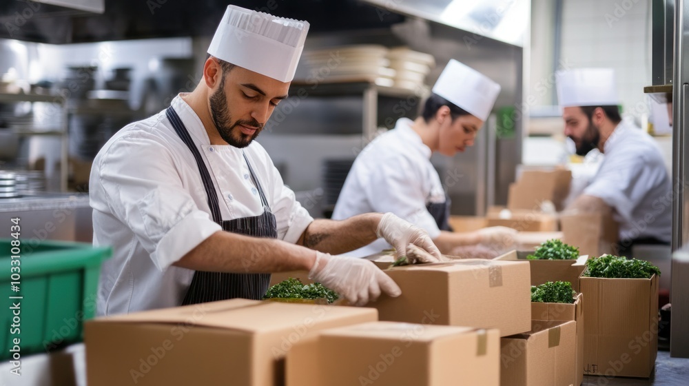 A busy food delivery kitchen preparing halal meals for orders, with cooks organizing boxes and sealing them for delivery, perfect for modern food service visuals A busy food delivery kitchen preparing halal meals for orders, with cooks organizing boxes and sealing them for delivery, perfect for modern food service visuals