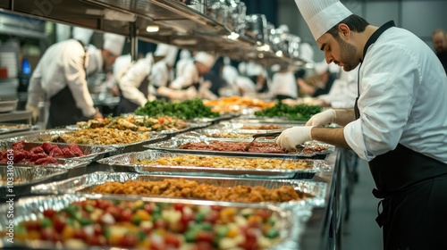 A busy halal catering kitchen with chefs preparing large quantities of food for an event, with organized trays of meats and sides being plated photo