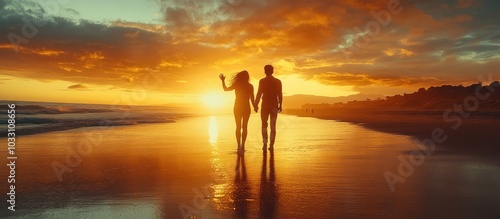 Silhouette of a couple walking hand-in-hand along a beach at sunset.