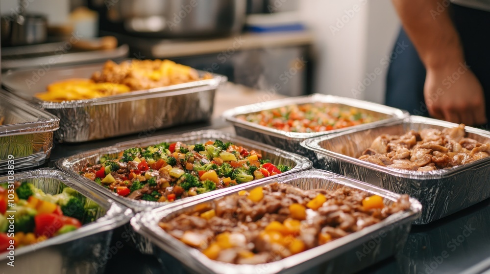 A busy kitchen preparing halal meal prep options, showing organized containers with freshly cooked halal chicken, beef, and vegetables, designed for a healthy and convenient lifestyle A busy kitchen preparing halal meal prep options, showing organized containers with freshly cooked halal chicken, beef, and vegetables, designed for a healthy and convenient lifestyle