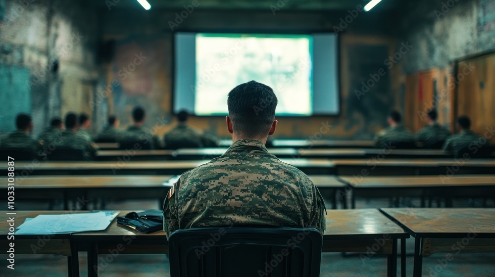 A classroom at a military academy where soldiers are learning about advanced military strategies and technology, focusing on the intellectual side of military training A classroom at a military academy where soldiers are learning about advanced military strategies and technology, focusing on the intellectual side of military training
