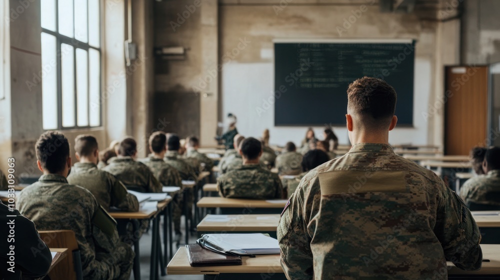 Fototapeta premium A classroom of military veterans studying for a certification program, representing job training and career advancement for those returning from service