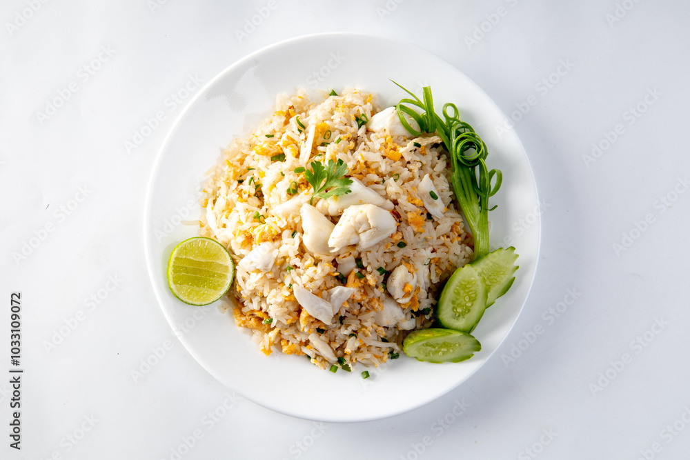 Crab fried rice with cucumber, spring onion and lemon on a white plate Crab fried rice with cucumber, spring onion and lemon on a white plate