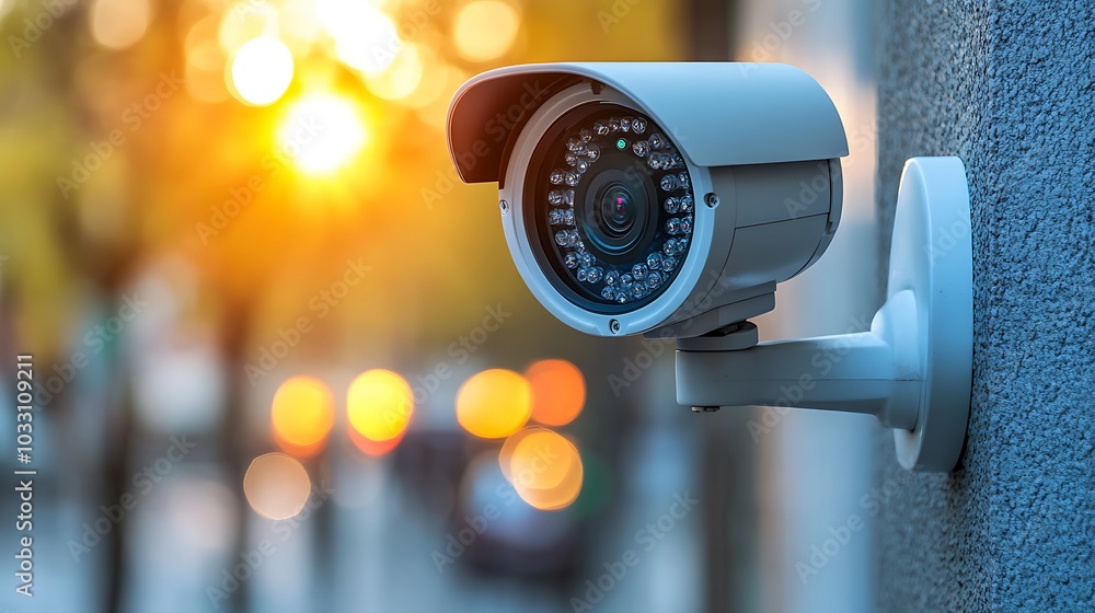 A sleek security camera mounted on a modern building wall, monitoring the surroundings in high resolution. A sleek security camera mounted on a modern building wall, monitoring the surroundings in high resolution.