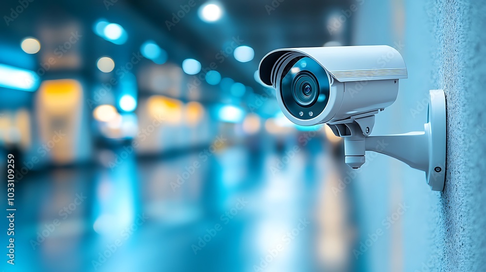 A sleek security camera mounted on a modern building wall, monitoring the surroundings in high resolution.
