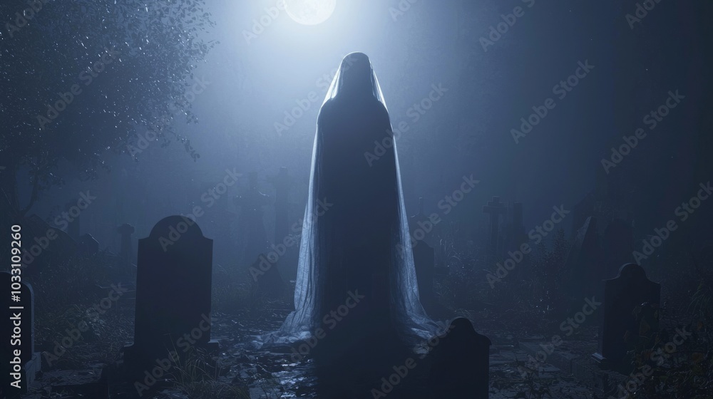 Eerie Ghostly Figure in Flowing Gown Standing in Moonlit Graveyard With Cinematic Light Effects | 3D Render Illustration Eerie Ghostly Figure in Flowing Gown Standing in Moonlit Graveyard With Cinematic Light Effects | 3D Render Illustration