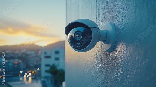 A sleek security camera mounted on a modern building wall, monitoring the surroundings in high resolution. photo