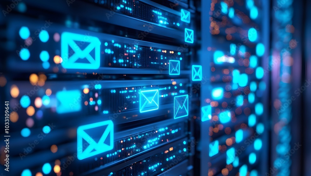 Fototapeta premium A close-up of an email system server with glowing icons representing different team members, all connected by blue lines to symbolize the network and data flow between them. 