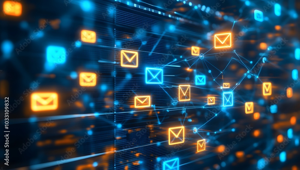 A close-up of an email system server with glowing icons representing different team members, all connected by blue lines to symbolize the network and data flow between them. A close-up of an email system server with glowing icons representing different team members, all connected by blue lines to symbolize the network and data flow between them.