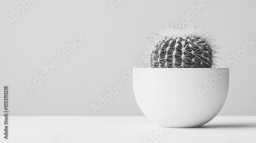 A small, round cactus in a white pot sits on a white surface with a white background.