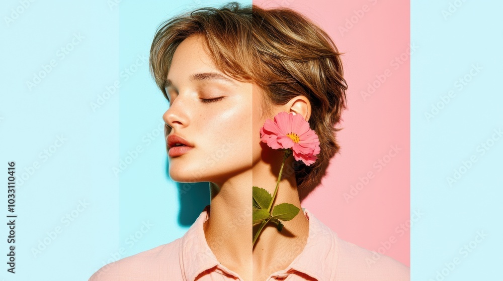 Radiant Feminine Portrait with Pink Floral Accent Radiant Feminine Portrait with Pink Floral Accent
