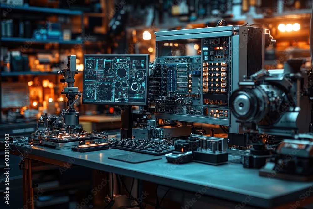A modern workspace featuring advanced technology and equipment for electronics and computing.