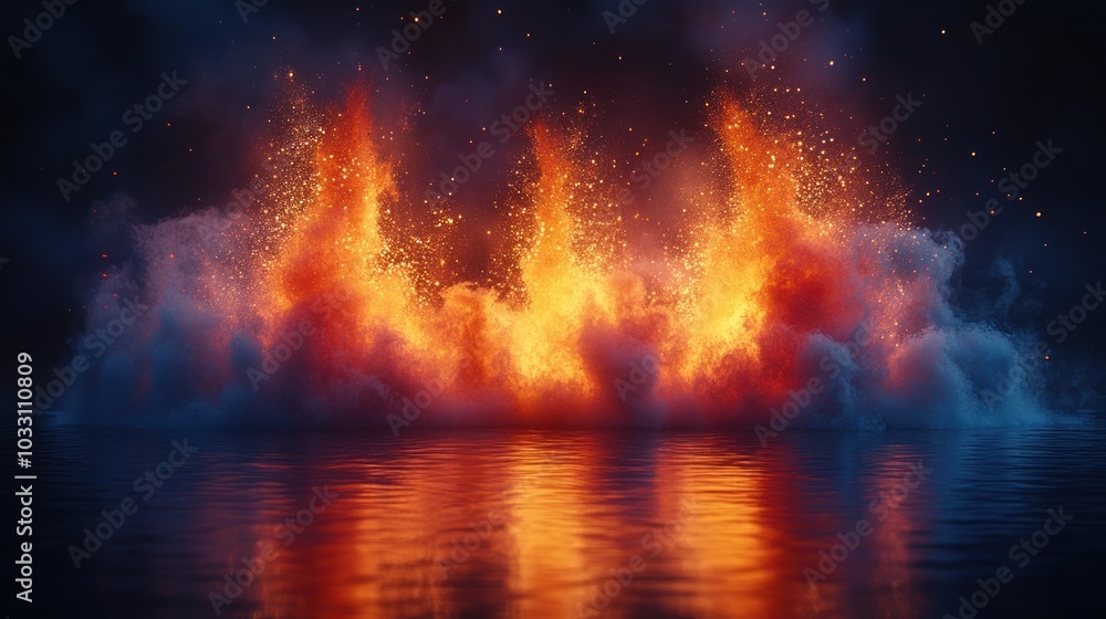 A vivid depiction of flames reflecting on water, creating an intense and dramatic visual effect. A vivid depiction of flames reflecting on water, creating an intense and dramatic visual effect.