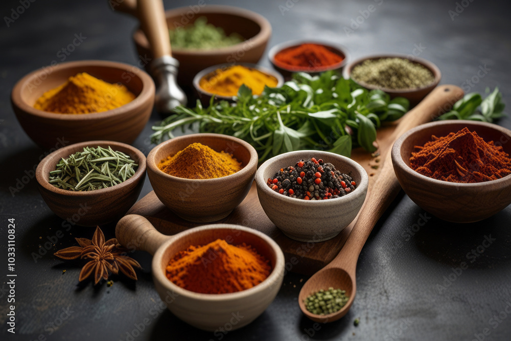 Aromatic Herb and Spice Collection Vibrant Kitchen Table Arrangement Aromatic Herb and Spice Collection Vibrant Kitchen Table Arrangement