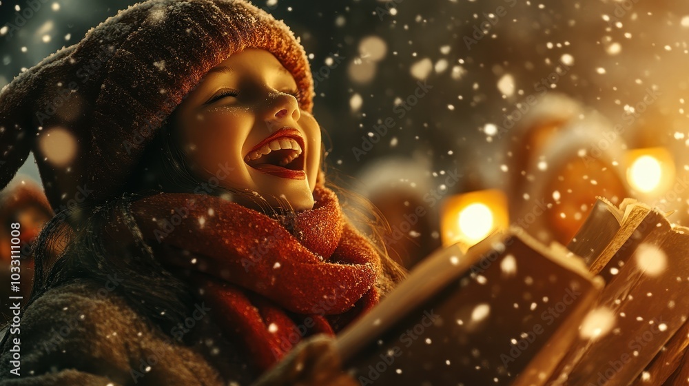 A young girl is smiling and holding a book in the snow A young girl is smiling and holding a book in the snow