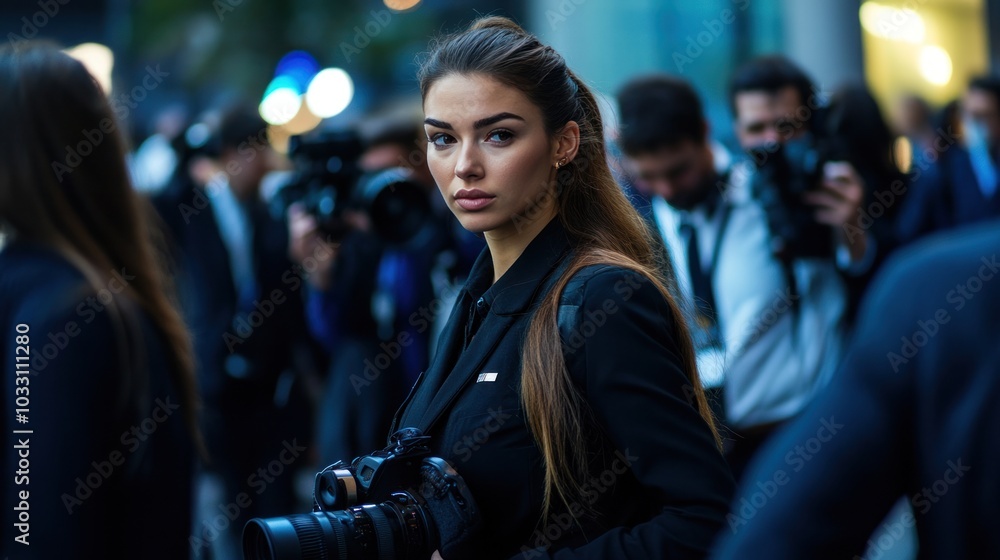 Fototapeta premium A female bodyguard escorting a celebrity through a media-filled event, providing protection while remaining professional and composed