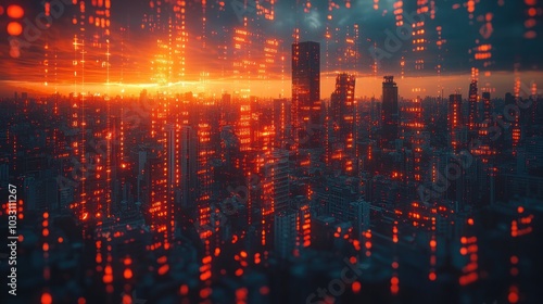 A digital cityscape at sunset, filled with glowing data streams and towering buildings.