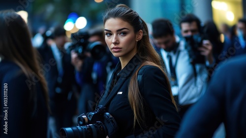 A female bodyguard escorting a celebrity through a media-filled event, providing protection while remaining professional and composed