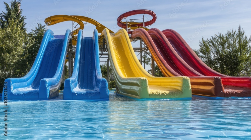 Colorful Inflatable Water Slides at a Water Park Colorful Inflatable Water Slides at a Water Park