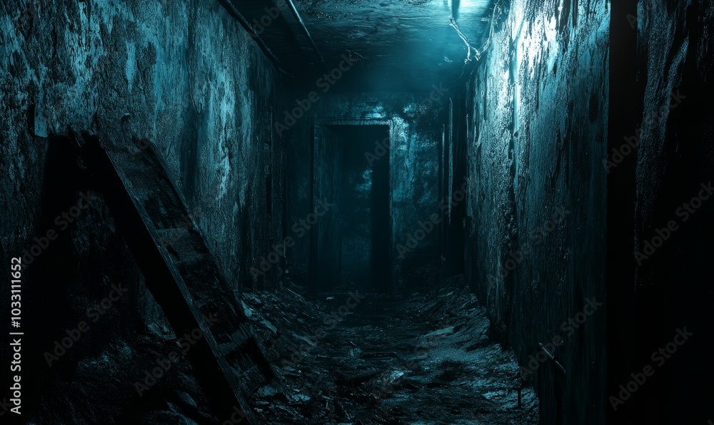 Dark, creepy, abandoned hallway, doorway, blue light. Dark, creepy, abandoned hallway, doorway, blue light.