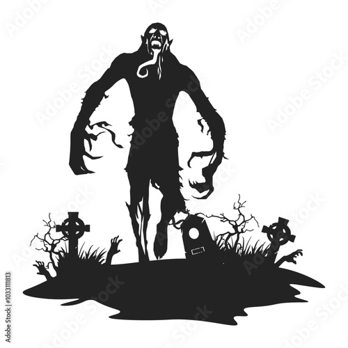 Halloween Zombie Silhouette Illustration in Graveyard