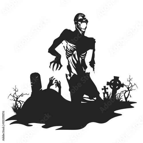 Halloween Zombie Silhouette Illustration in Graveyard