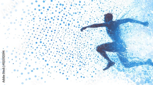 A blue silhouette of a man running with scattered dots in the background