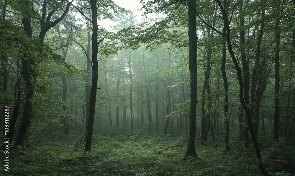 Fototapeta premium Dense forest with tall trees and fog.
