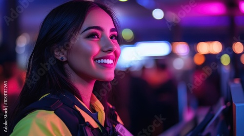 A female security guard scanning tickets at an event entrance, smiling while ensuring safety procedures are followed