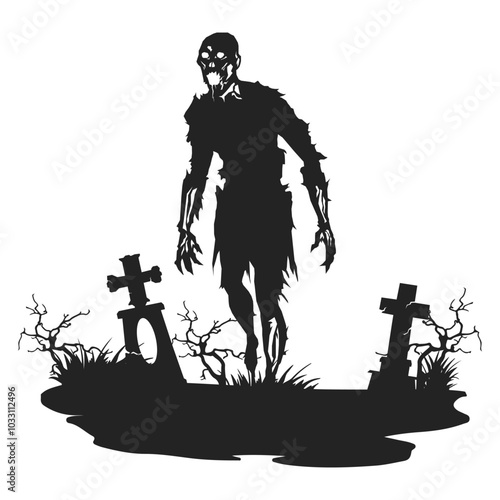 Halloween Zombie Silhouette Illustration in Graveyard