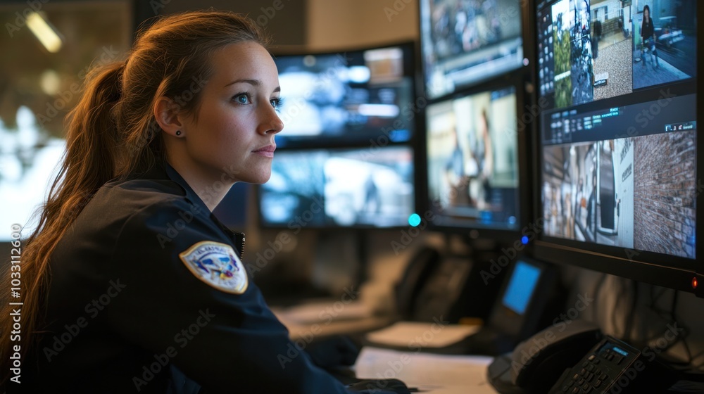 A female security officer sitting at a desk, reviewing security footage on multiple monitors, focusing on real-time surveillance A female security officer sitting at a desk, reviewing security footage on multiple monitors, focusing on real-time surveillance
